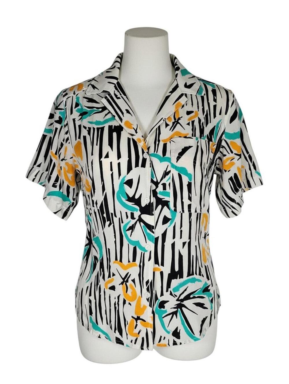 VTG Christian Dior Separates Abstract Stripe Rayon Blouse White Black Multi 6